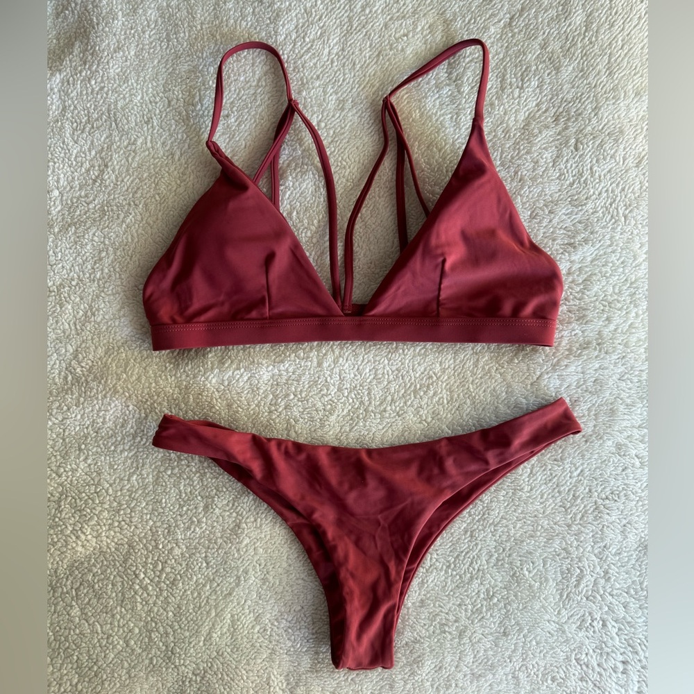 Maroon burgundy strappy cheeky two piece bikini swimsuit